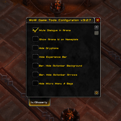 Mute Dialogue in Arena / Hide Bags and Minibar - Micro menu / WoW Game Tools / Disables annoying voice acting in the arena
