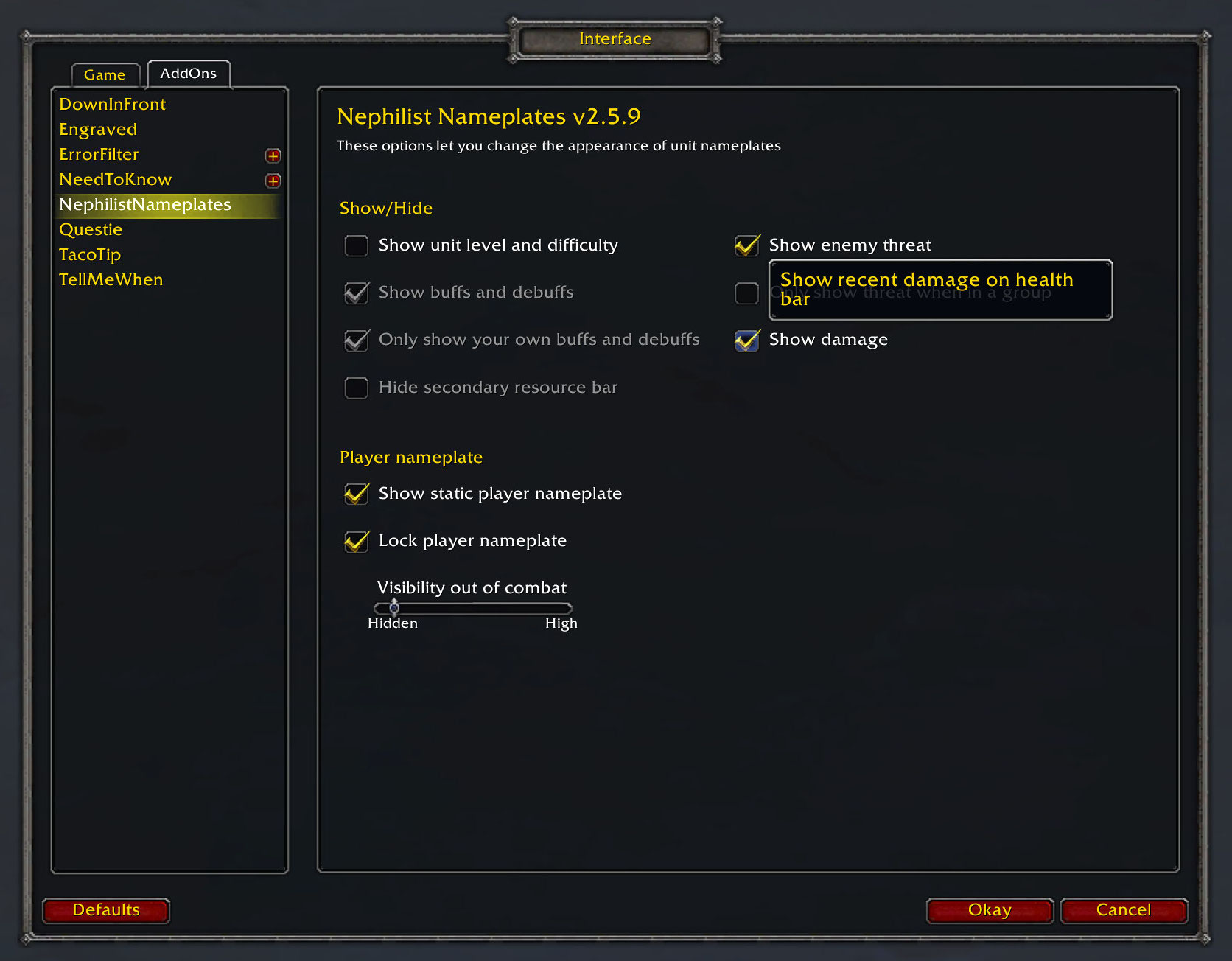 Options panel