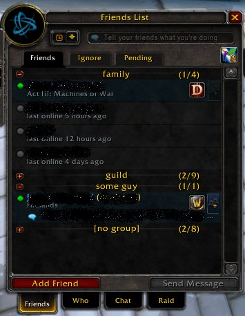 FriendGroups - Custom folders, known alt tracking, auto guild groups, smart search, mass invites, and rich realm/class info