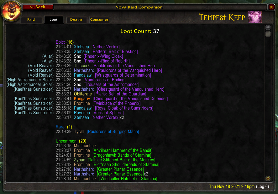 Raid Log Displaying Loot