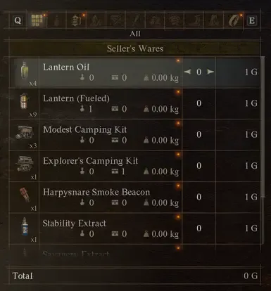 物品调整 - 成本1金币 - 无重量 - 售价x10 - 无衰减 - 堆叠数量