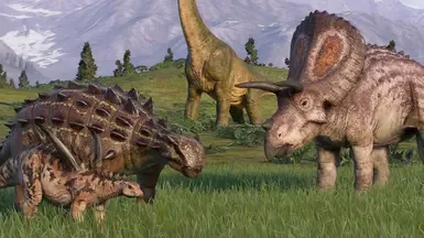 Brachiosaurus 腕龙  
Euoplocephalus 优头甲龙  
Gigantspinosaurus 巨棘龙  
和 Torosaurus 牛角龙 皮肤 JWE1