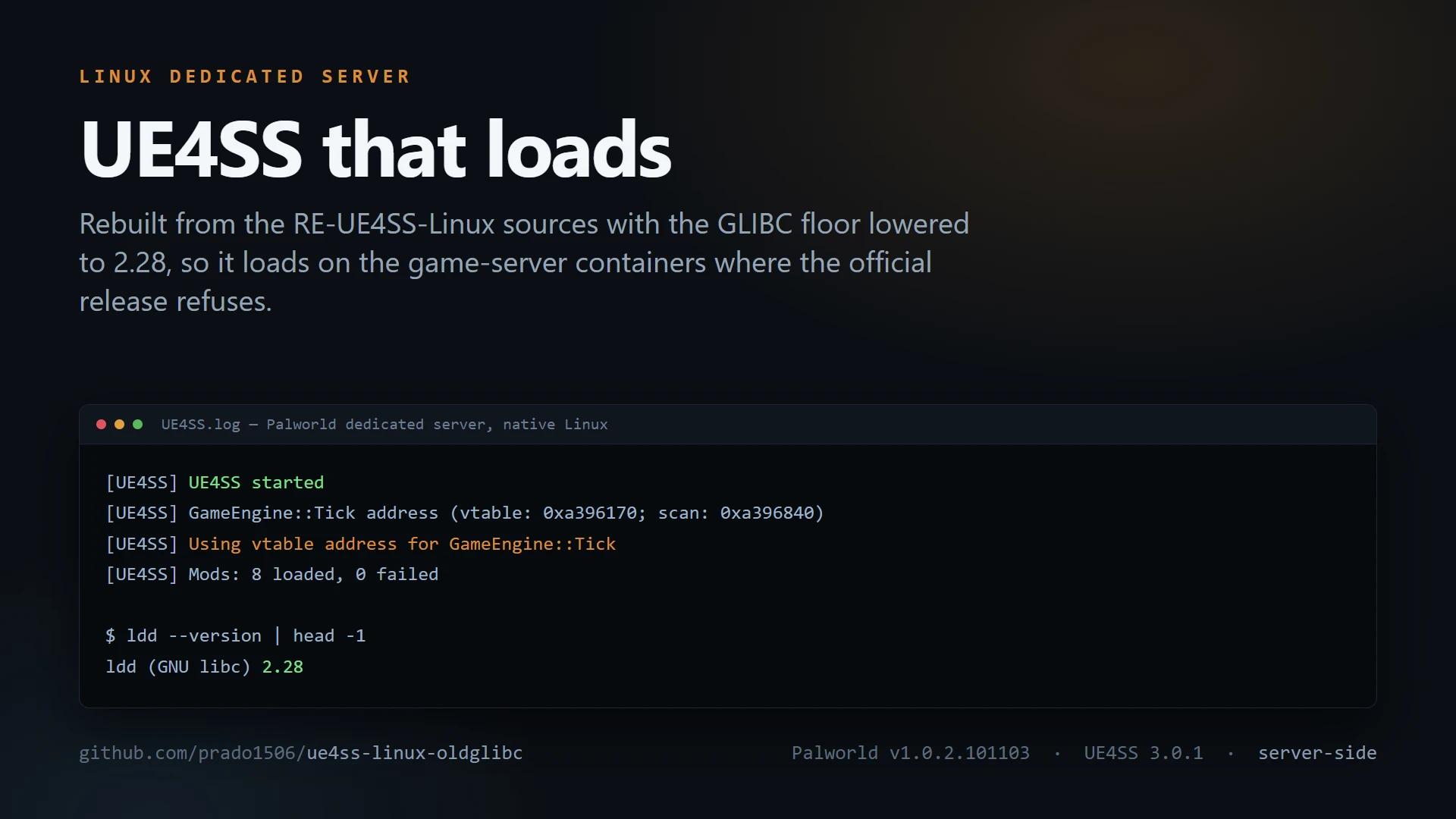 UE4SS 用于幻兽帕鲁 Linux 专用服务器 (GLIBC 2.28)